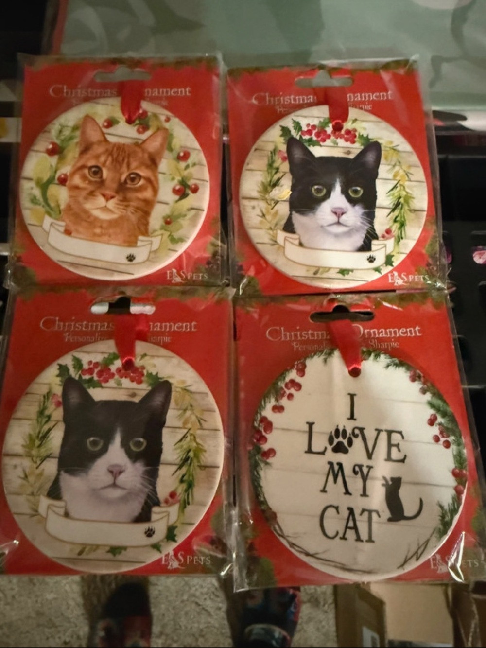 Cat Christmas Ornaments - I Love My Cat Holiday Décor (Red/White). Set of 4